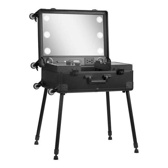 Mobile Make-up Case Station with Illuminated Mirror and Speakers - Black